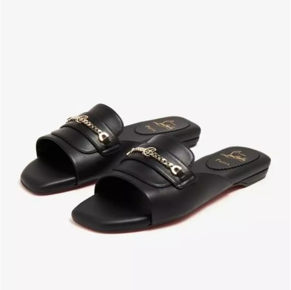 Black Chain-Detail Slide Sandals
